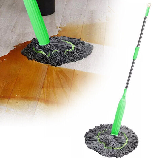 Green and gray mop cleaning a wooden floor.