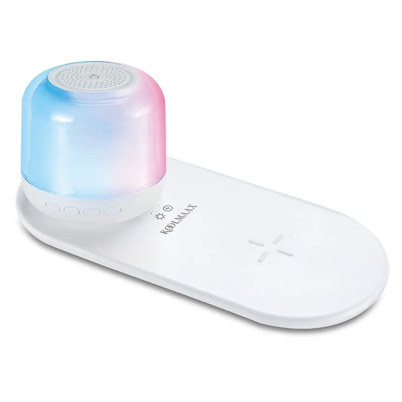 3-in-1 Bluetooth Speaker with Wireless Charging and Night Light, featuring a sleek design with soft LED lighting, a built-in wireless charger, and premium sound quality. Perfect for bedside tables or home decor.