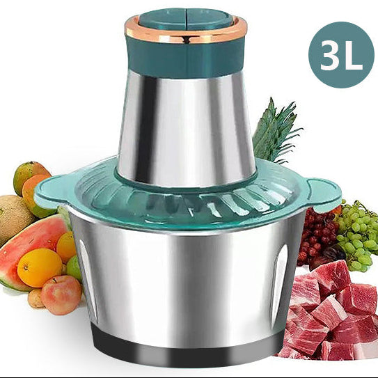 Meat grinder with 3L capacity surrounded by fruits and vegetables on a white background
