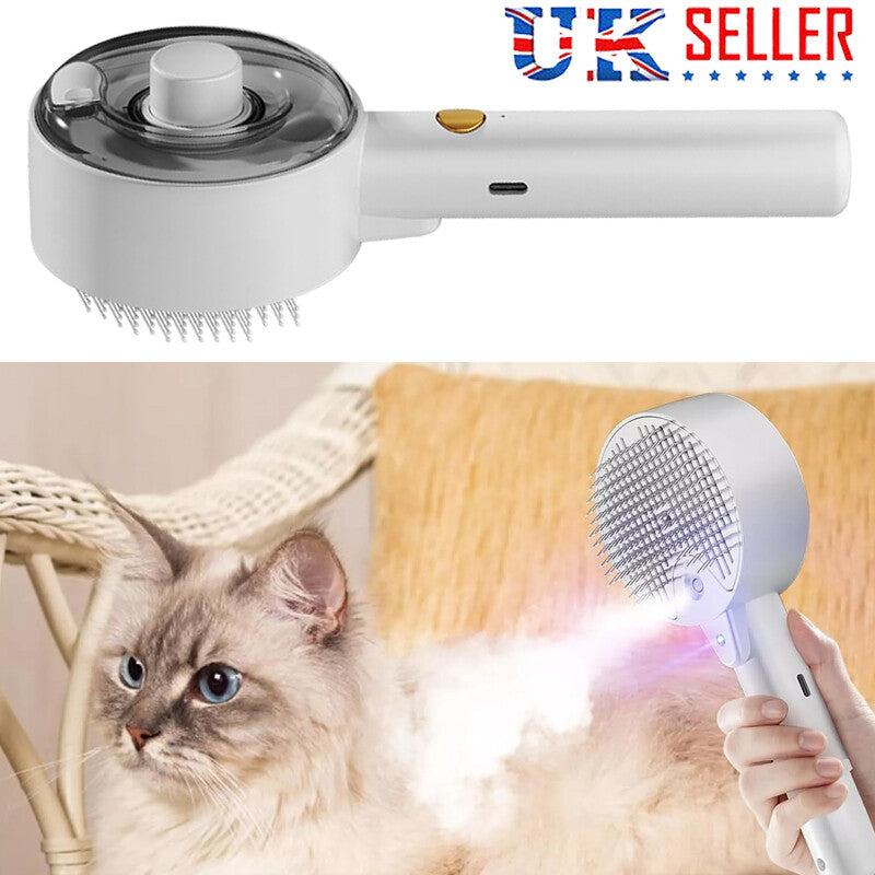 Pet grooming tool with a cat being groomed and a hand holding the tool.