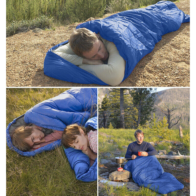 4-season rectangular sleeping bag in blue with lightweight design, adjustable hood, and double-ended zipper. Suitable for kids and adults for camping, hiking, and outdoor activities.