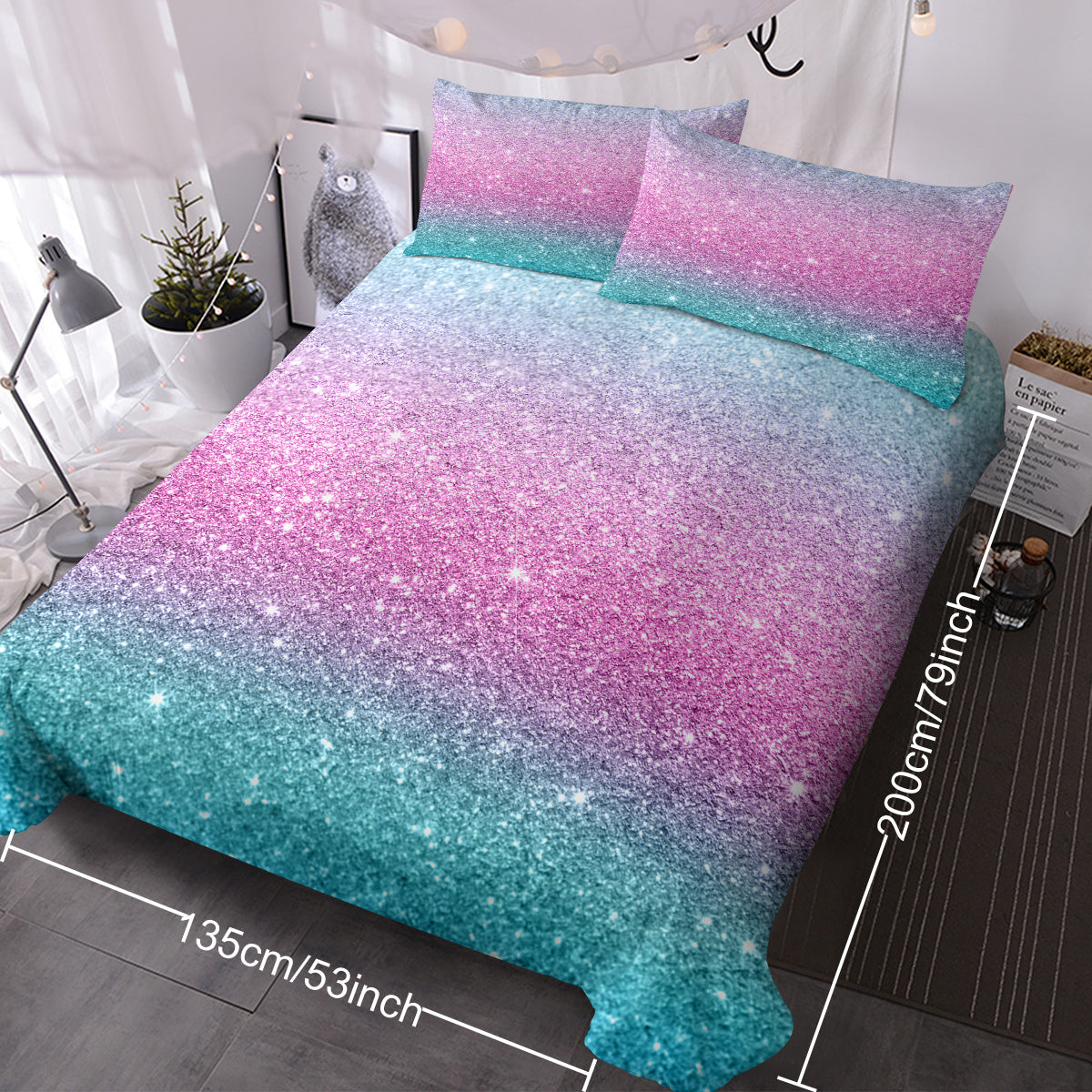 Girly Rainbow Glitter Ombre Duvet Cover Set – Pastel Purple Blue Green Bedding (3-Piece) – Soft Microfiber, Chic Sparkle Quilt Cover with 2 Pillow Shams