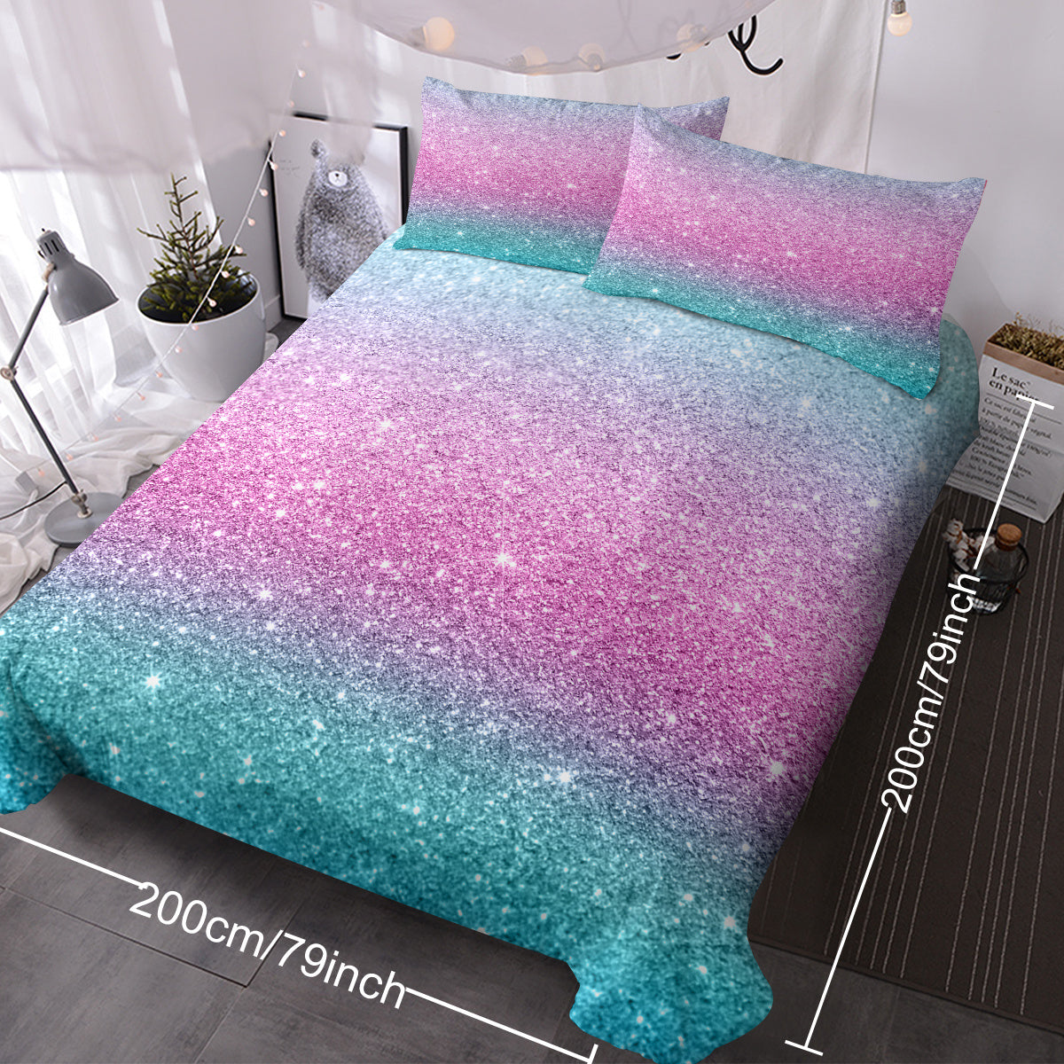 Girly Rainbow Glitter Ombre Duvet Cover Set – Pastel Purple Blue Green Bedding (3-Piece) – Soft Microfiber, Chic Sparkle Quilt Cover with 2 Pillow Shams