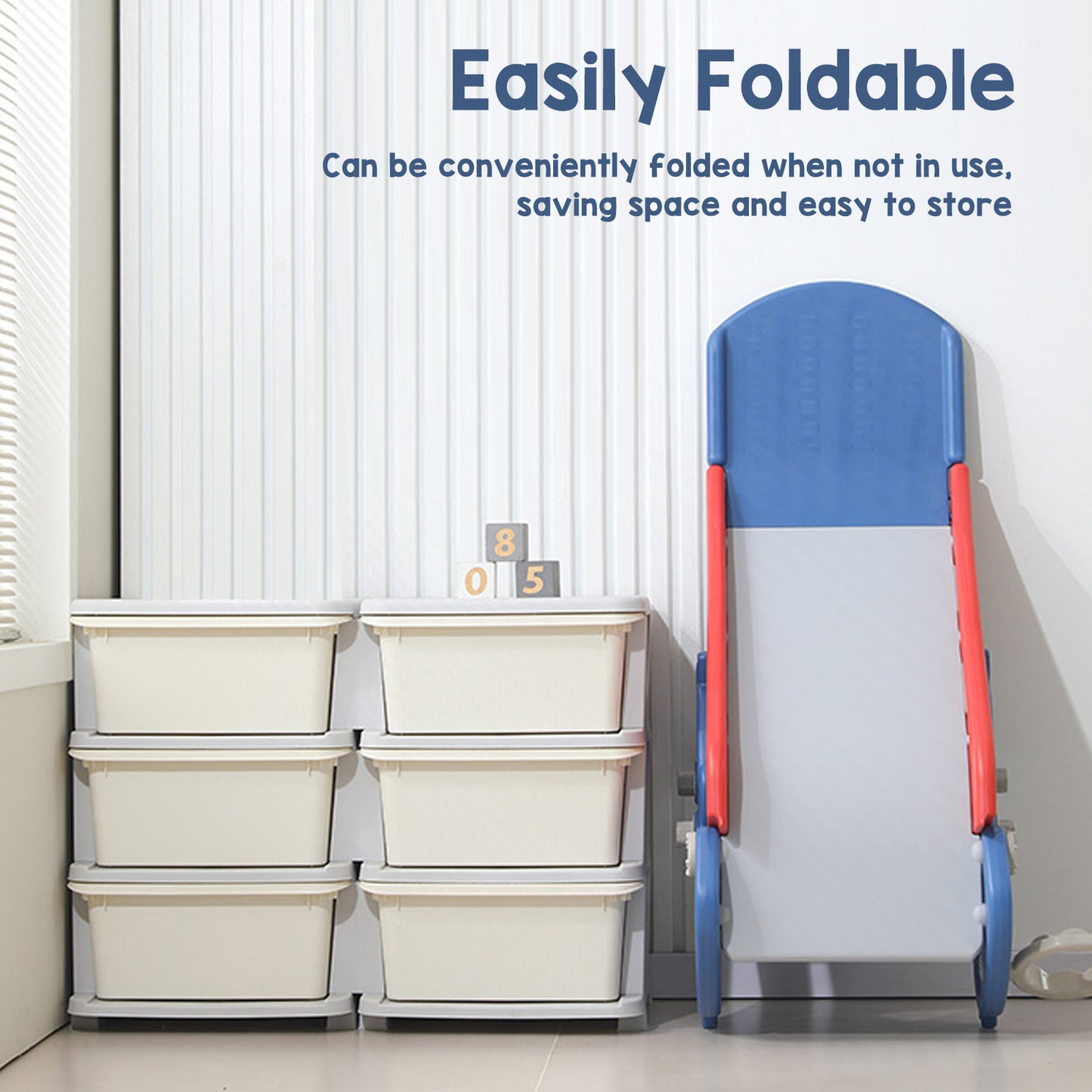 Toddler Indoor Slide with Basketball Hoop – Dinosaur Shape, Foldable, 0-3 Years, Easy Assembly, Blue