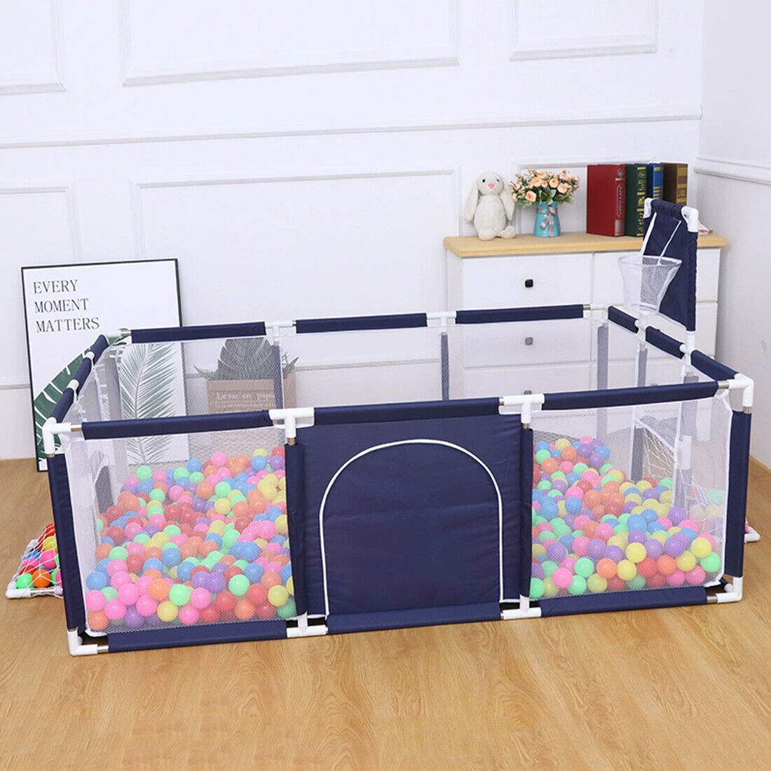 Large Baby Playpen with 100 Balls, Basketball Hoop & Soccer Net – Safe Indoor & Outdoor Toddler Activity Center