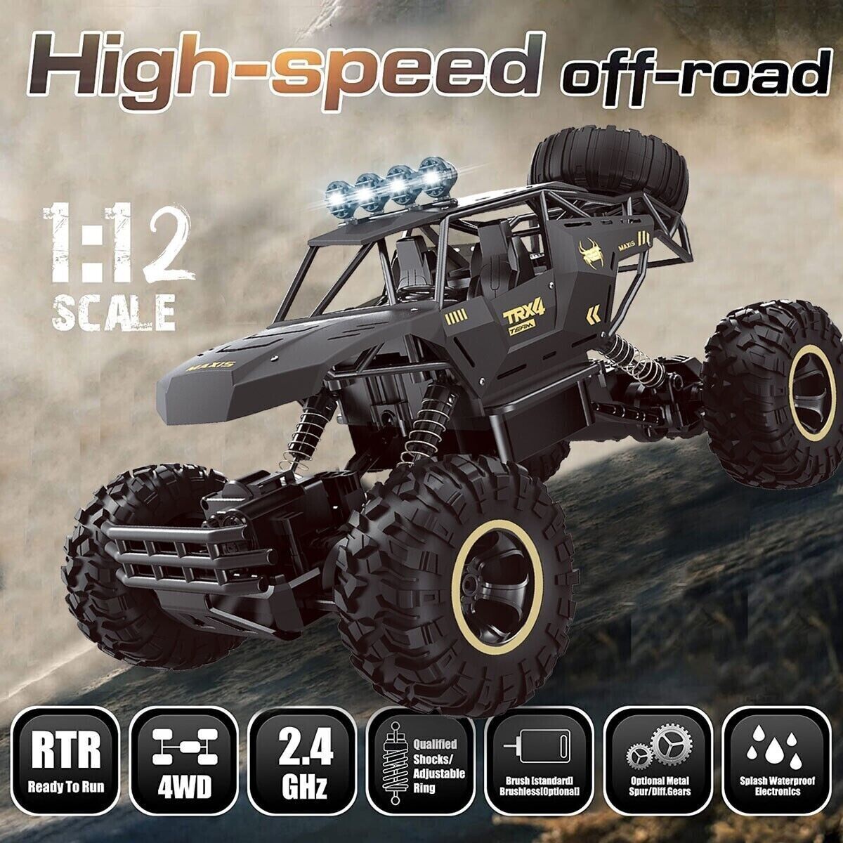 XL Large 4WD RC Monster Truck – 1:12 Scale Big Wheel Remote Control Car for Kids & Adults | Off-Road Rock Crawler with 2 Rechargeable Batteries