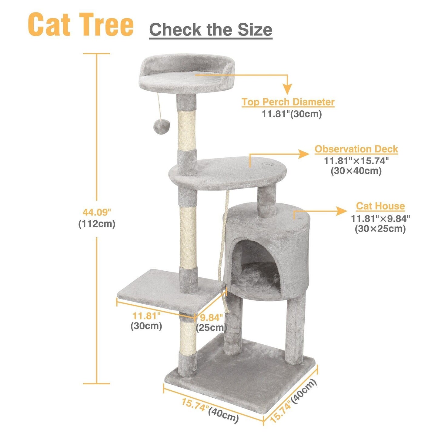 Large 4-Story Cat Climbing Frame with Scratching Post – Kitten Activity Center (112cm, Grey, UK)