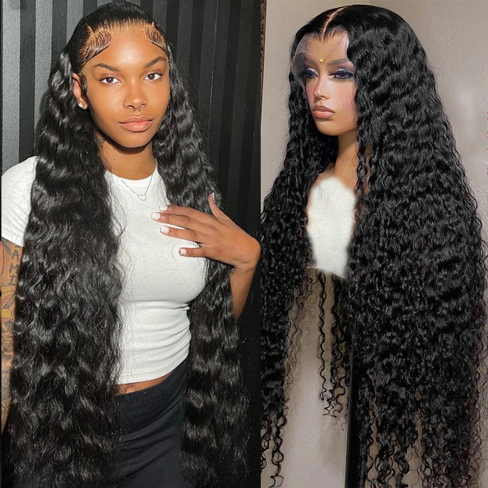 8A 13x4 lace frontal water wave human hair wig with long curly texture, hand-woven lace front for a natural hairline, available in lengths from 18 to 30 inches.
