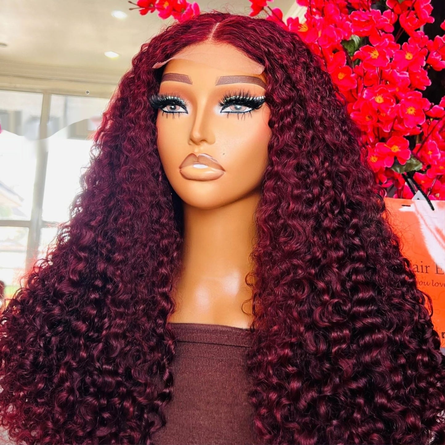 99J dark wine Vietnamese curly human hair lace front wig, fully hand-tied with 5x5 or 13x4 HD lace, natural-looking curls for women.