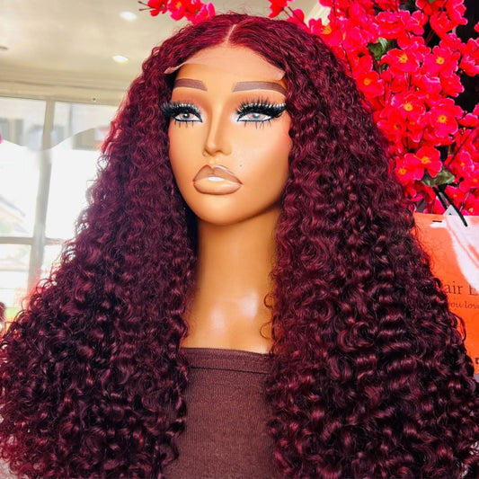 99J dark wine Vietnamese curly human hair lace front wig, fully hand-tied with 5x5 or 13x4 HD lace, natural-looking curls for women.