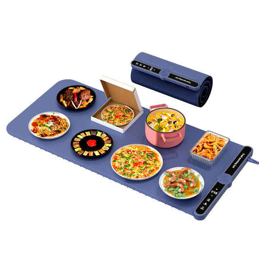 Blue portable cooking mat with food items and a roll of paper on a white background