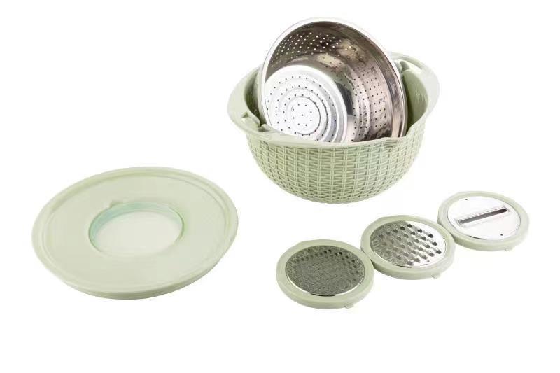 Rotating Double Layer Kitchen Fruit & Vegetable Draining Basket - Multifunctional Colander Set with 3 Blades