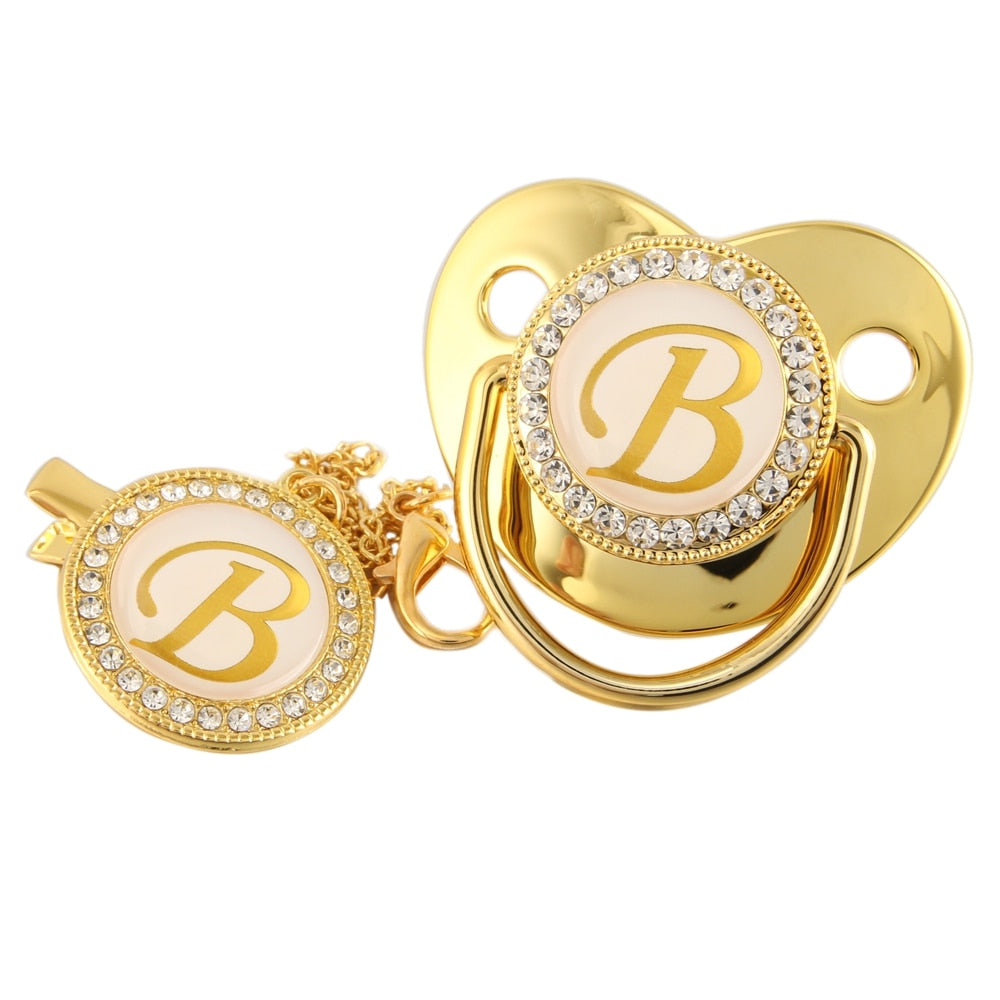 Gold Bling Name Initial Letter Baby Pacifier and Clip - Everything Amazing