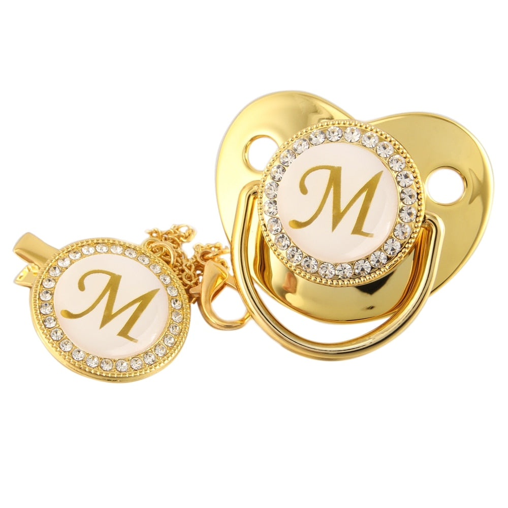 Gold Bling Name Initial Letter Baby Pacifier and Clip - Everything Amazing