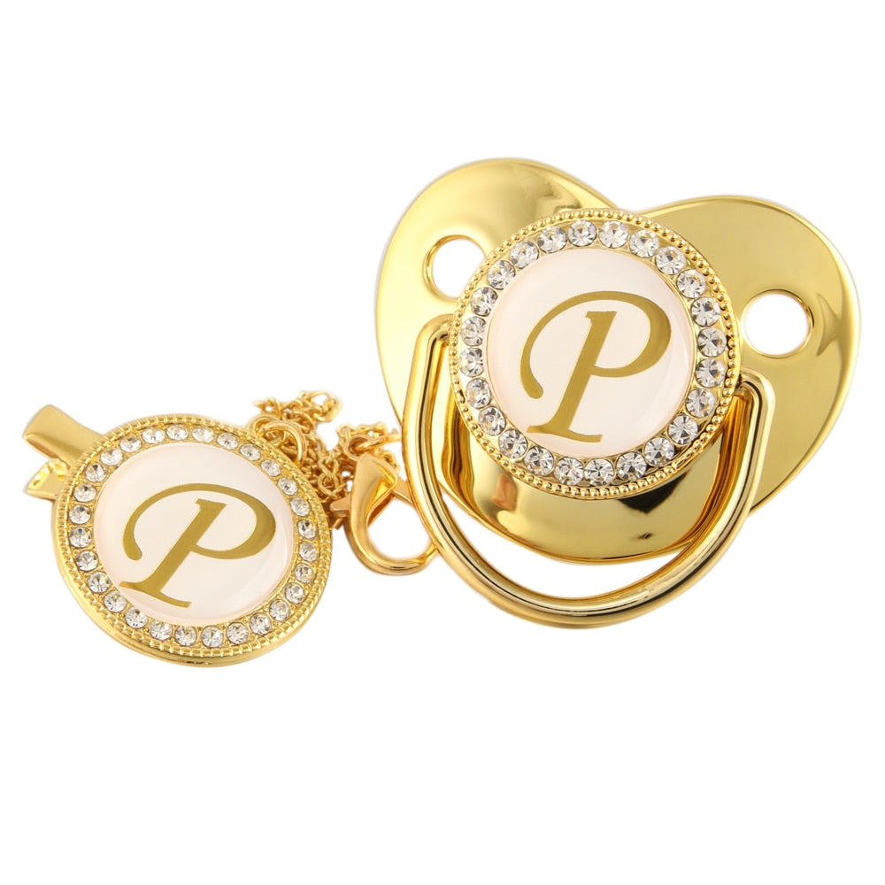 Gold Bling Name Initial Letter Baby Pacifier and Clip - Everything Amazing