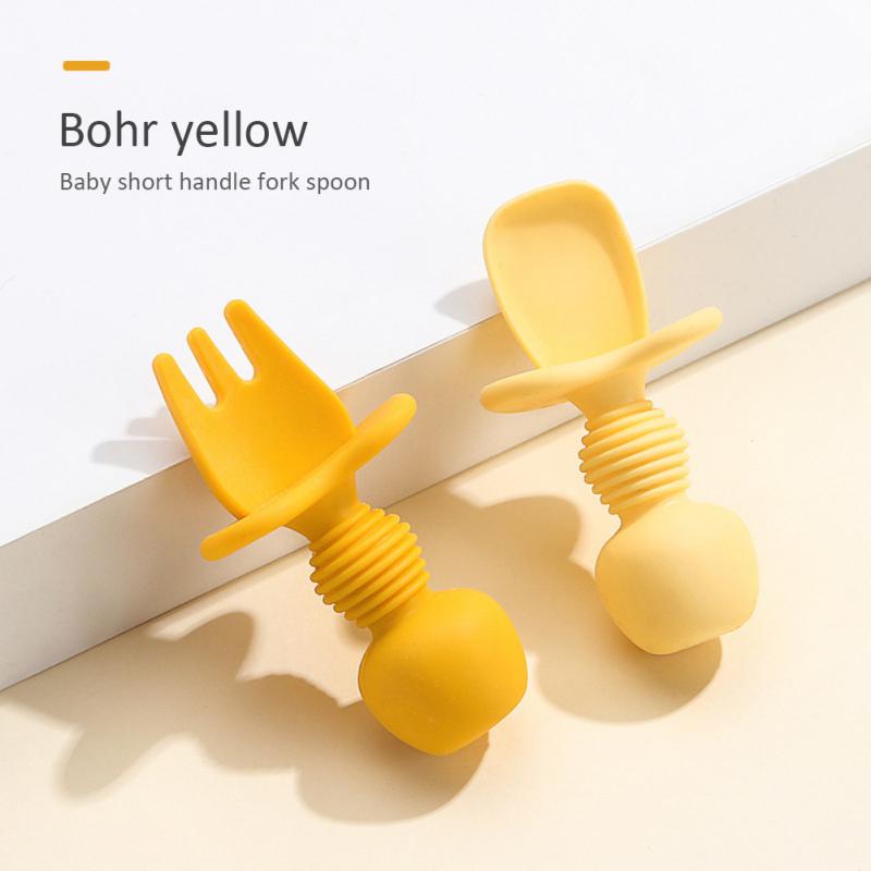 Yallow silicone fork spoon set for baby
