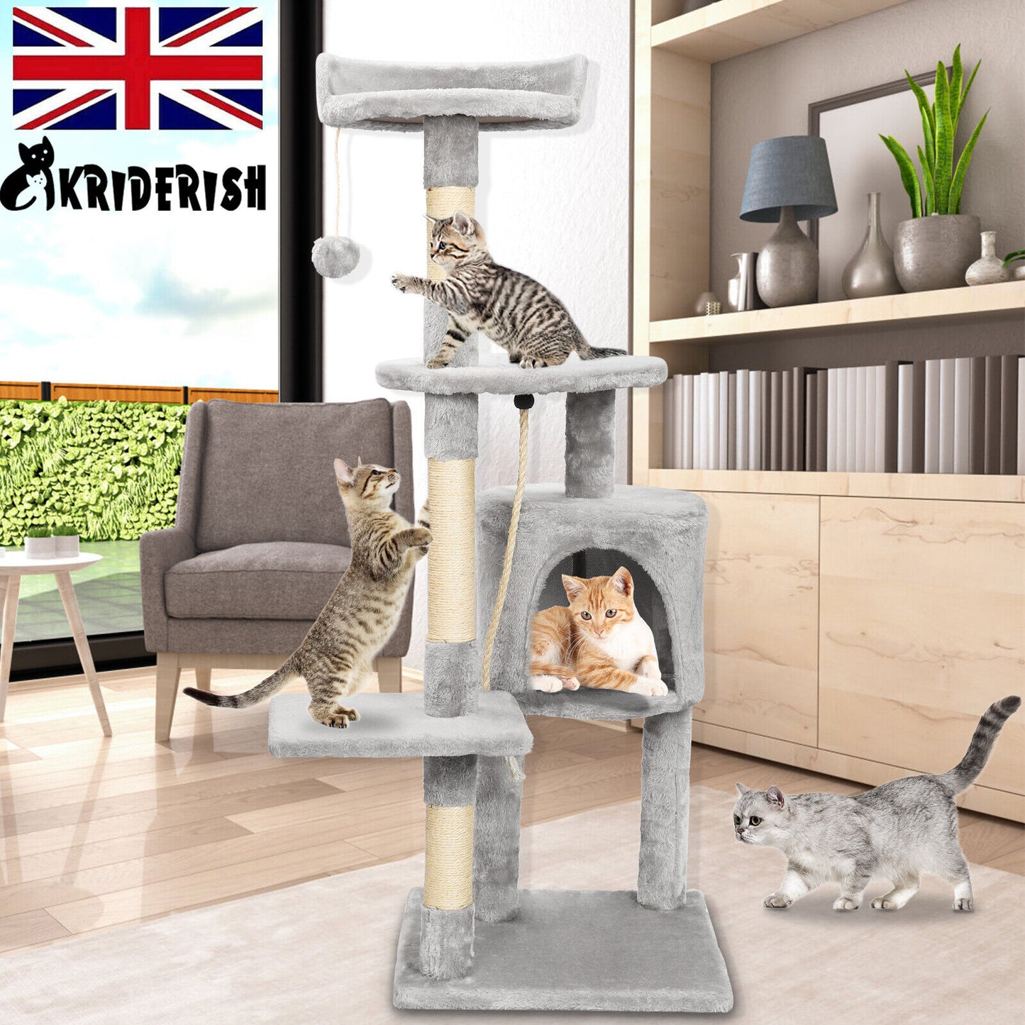 Large 4-Story Cat Climbing Frame with Scratching Post – Kitten Activity Center (112cm, Grey, UK)