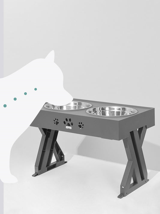 Adjustable stainless steel double bowl feeder for pets with customizable height and slow feeder design, suitable for dogs and cats, displayed on a modern stand. | Everything Amazing Shop