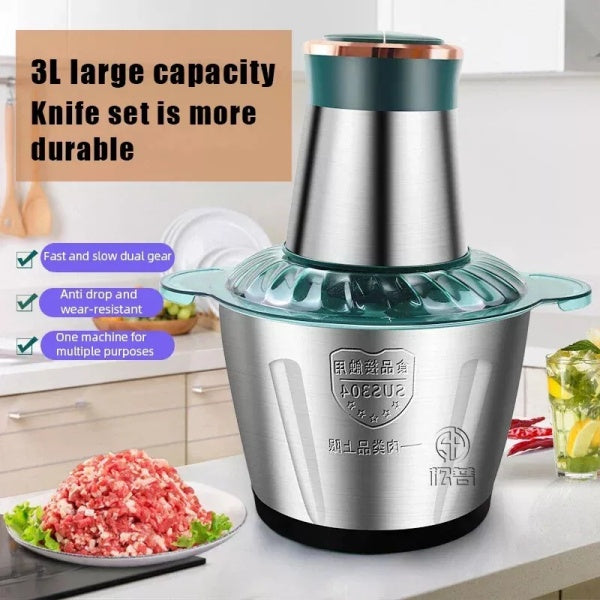 3L Electric Meat Grinder & Food Chopper – 250W Stainless Steel Bowl Mini Food Processor with 4 Blades, Vegetable Slicer, Mixer & Blender (UK Plug)