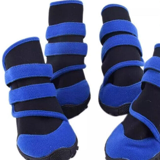 Pair of blue and black protective dog boots on a white background