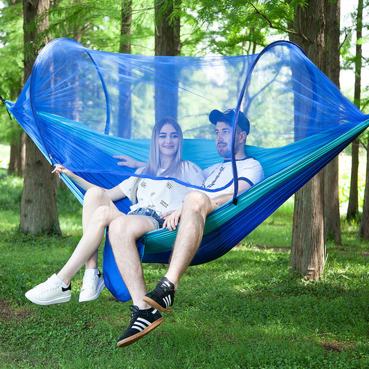 Fully automatic folding hammock with mosquito net for outdoor camping, featuring lightweight nylon fabric and pop-up design for quick setup.