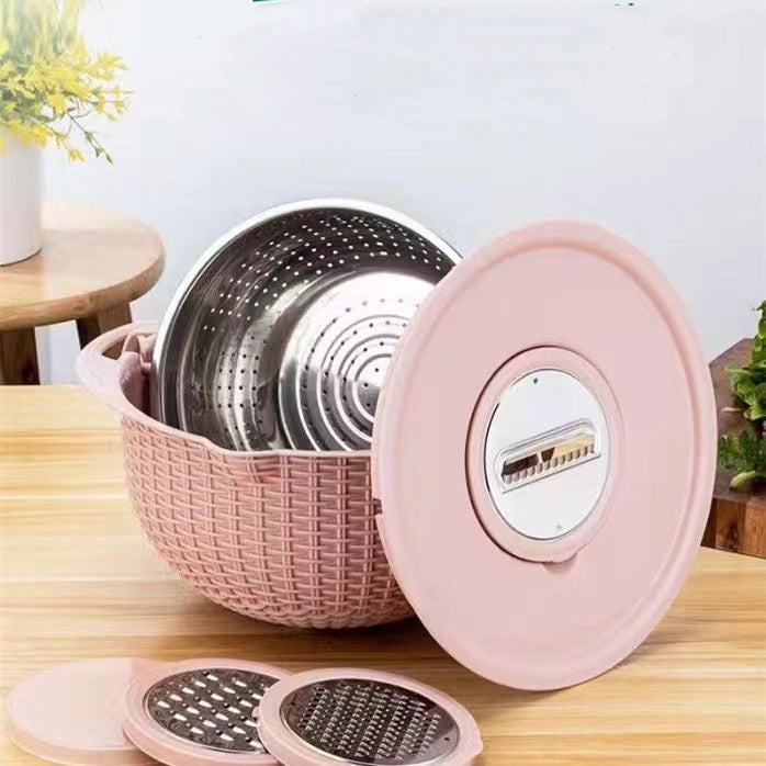 Rotating Double Layer Kitchen Fruit & Vegetable Draining Basket - Multifunctional Colander Set with 3 Blades