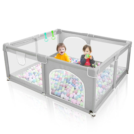 Baby Playpen with Mat in a modern gray design, measuring 127x127cm. Safe indoor and outdoor activity centre for babies and toddlers with breathable mesh sides and pull rings.