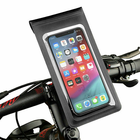 Phone in a waterproof case mounted on a bicycle handlebar