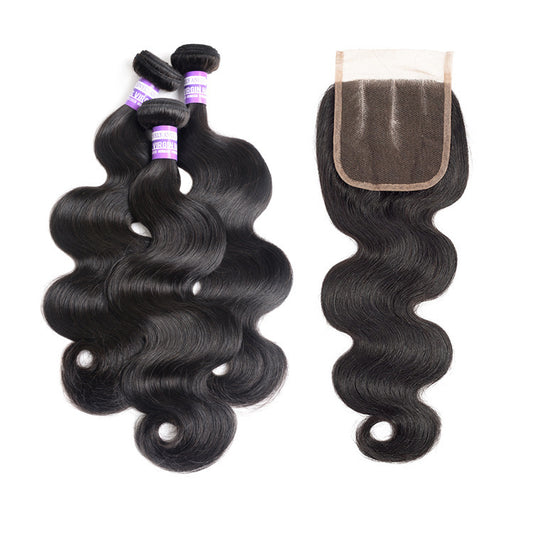 Premium-quality 100% Brazilian human hair bundles with lace closure, featuring soft, tangle-free, and natural-looking extensions for versatile styling.