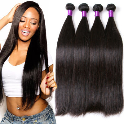 Premium Brazilian human straight hair extensions in natural 1B color, soft and tangle-free, available in 8-30 inch lengths