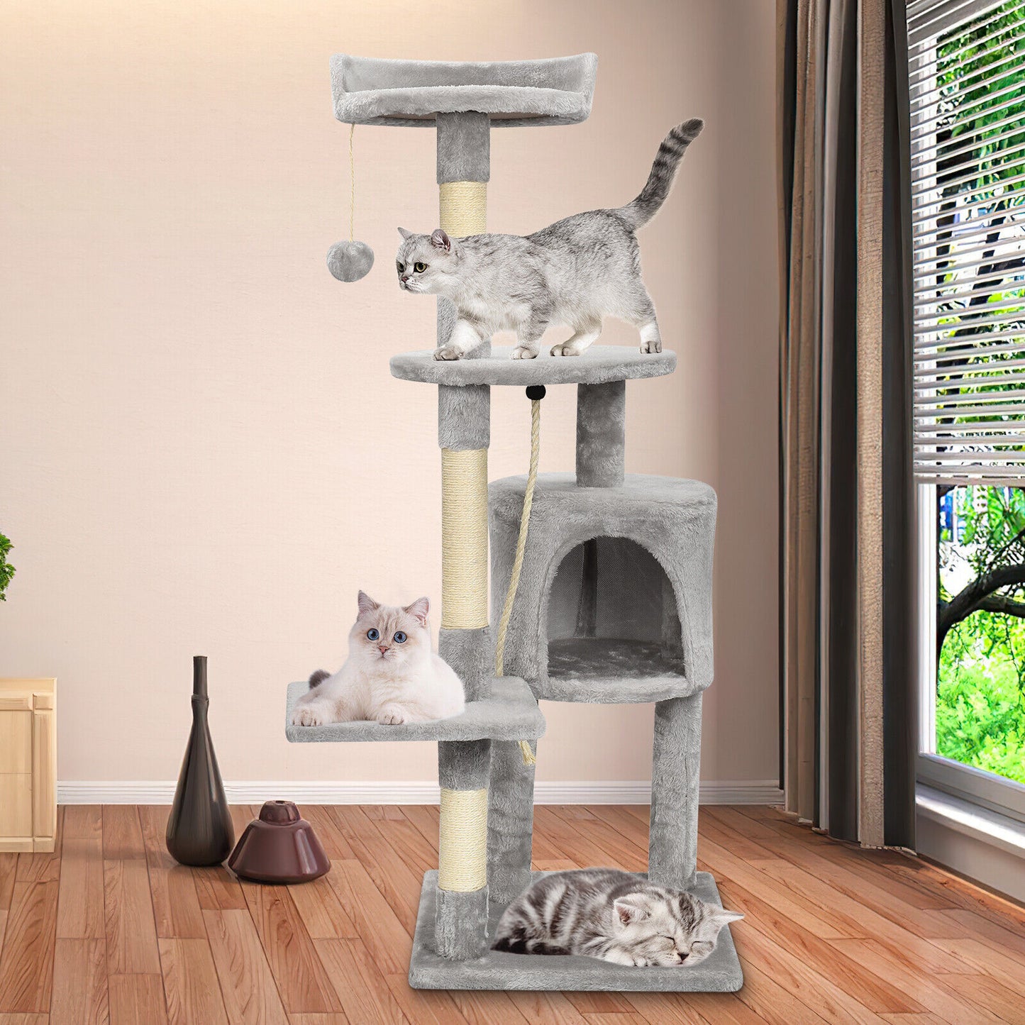 Large 4-Story Cat Climbing Frame with Scratching Post – Kitten Activity Center (112cm, Grey, UK)