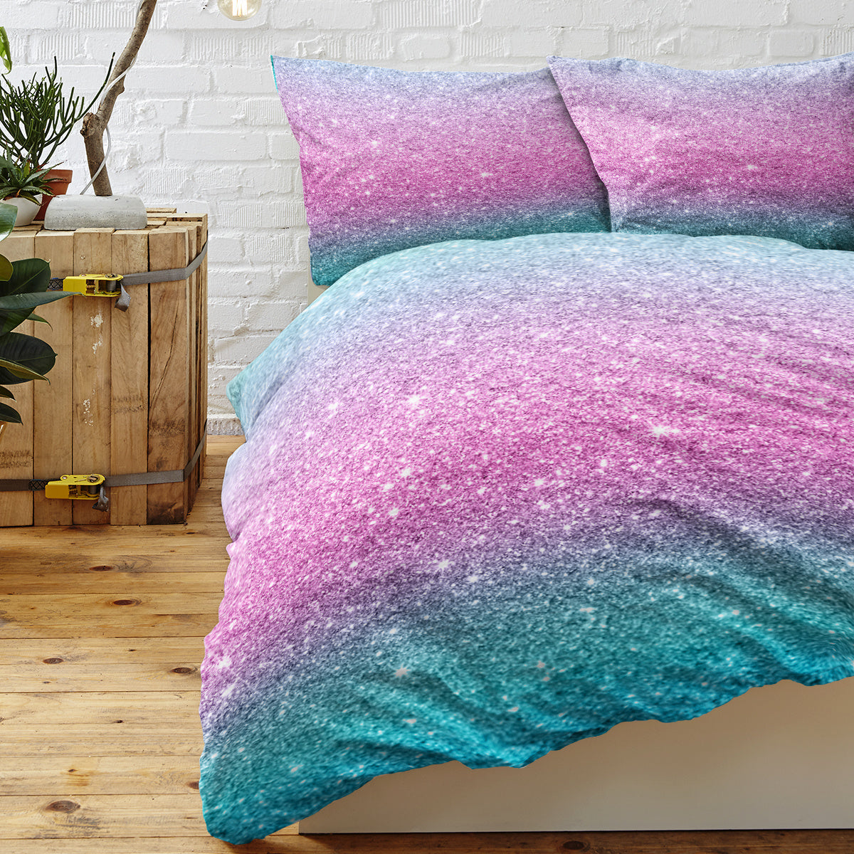 Girly Rainbow Glitter Ombre Duvet Cover Set – Pastel Purple Blue Green Bedding (3-Piece) – Soft Microfiber, Chic Sparkle Quilt Cover with 2 Pillow Shams