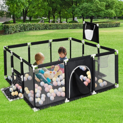 Large Baby Playpen with 100 Balls, Basketball Hoop & Soccer Net – Safe Indoor & Outdoor Toddler Activity Center