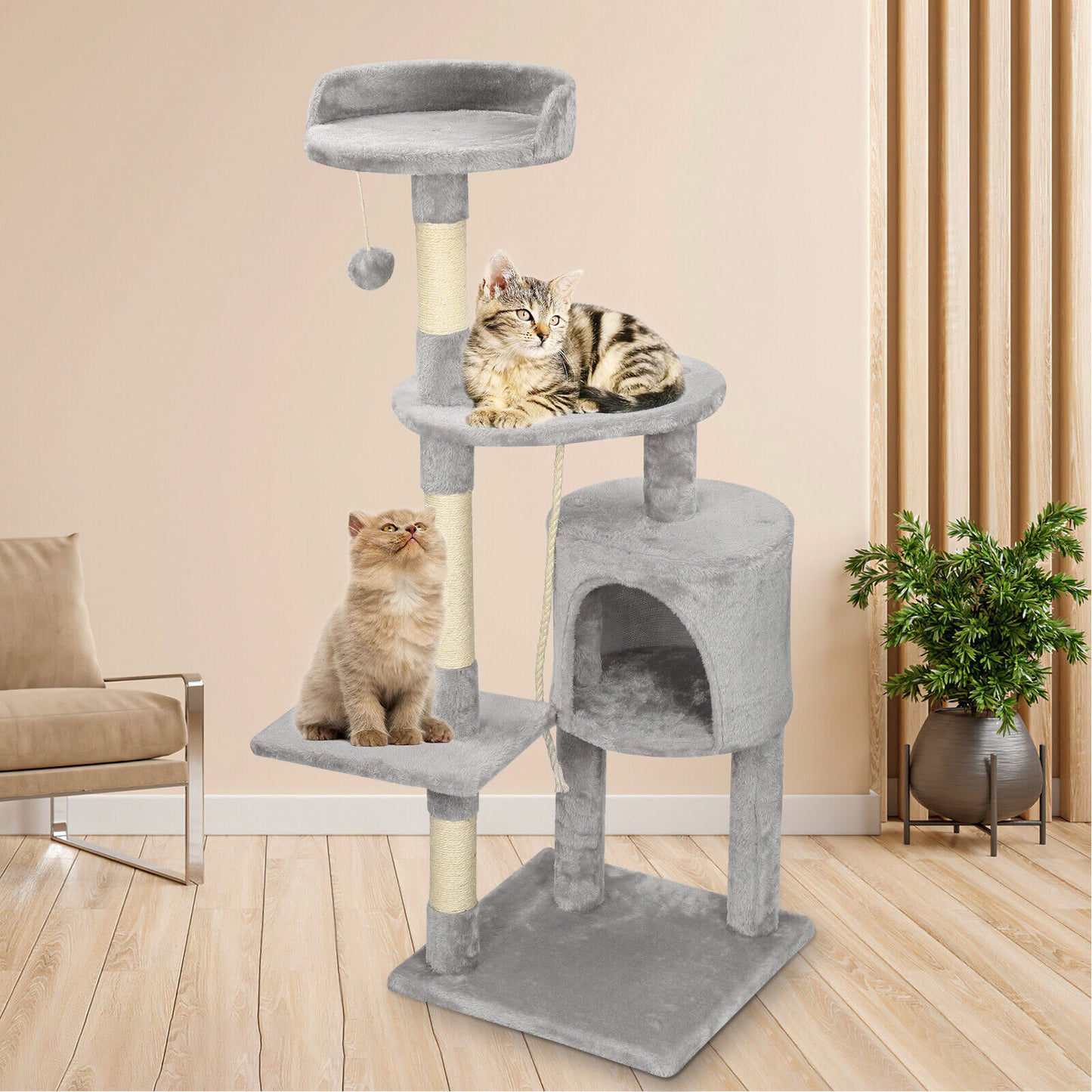 Large 4-Story Cat Climbing Frame with Scratching Post – Kitten Activity Center (112cm, Grey, UK)