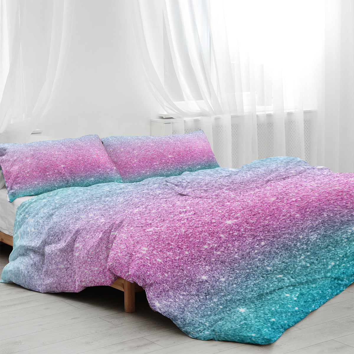 Girly Rainbow Glitter Ombre Duvet Cover Set – Pastel Purple Blue Green Bedding (3-Piece) – Soft Microfiber, Chic Sparkle Quilt Cover with 2 Pillow Shams