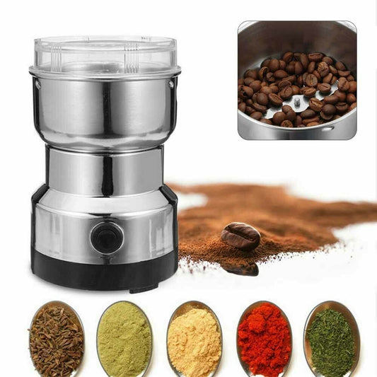 Coffee grinder with coffee beans and ground coffee powder on a white background