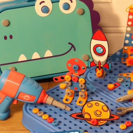 Kid playing with an educational electric screwdriver drill toy set, assembling parts with a detachable drill.