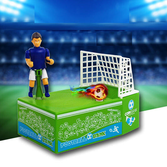 Toy football player with a flaming football on a green base with a goal in the background