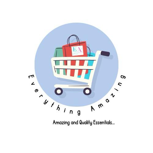 Everything Amazing logo featuring a shopping cart filled with colorful bags and boxes, with the tagline 'Amazing and Quality Essentials' showcasing a modern online store for versatile essentials.