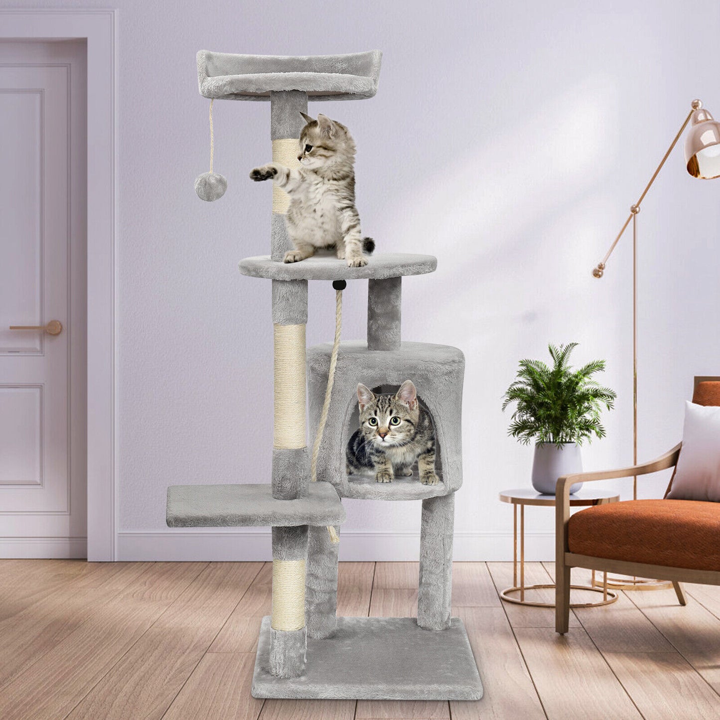 Large 4-Story Cat Climbing Frame with Scratching Post – Kitten Activity Center (112cm, Grey, UK)