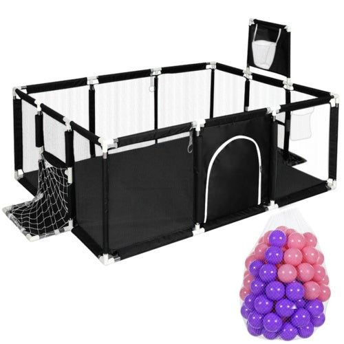 Large Baby Playpen with 100 Balls, Basketball Hoop & Soccer Net – Safe Indoor & Outdoor Toddler Activity Center