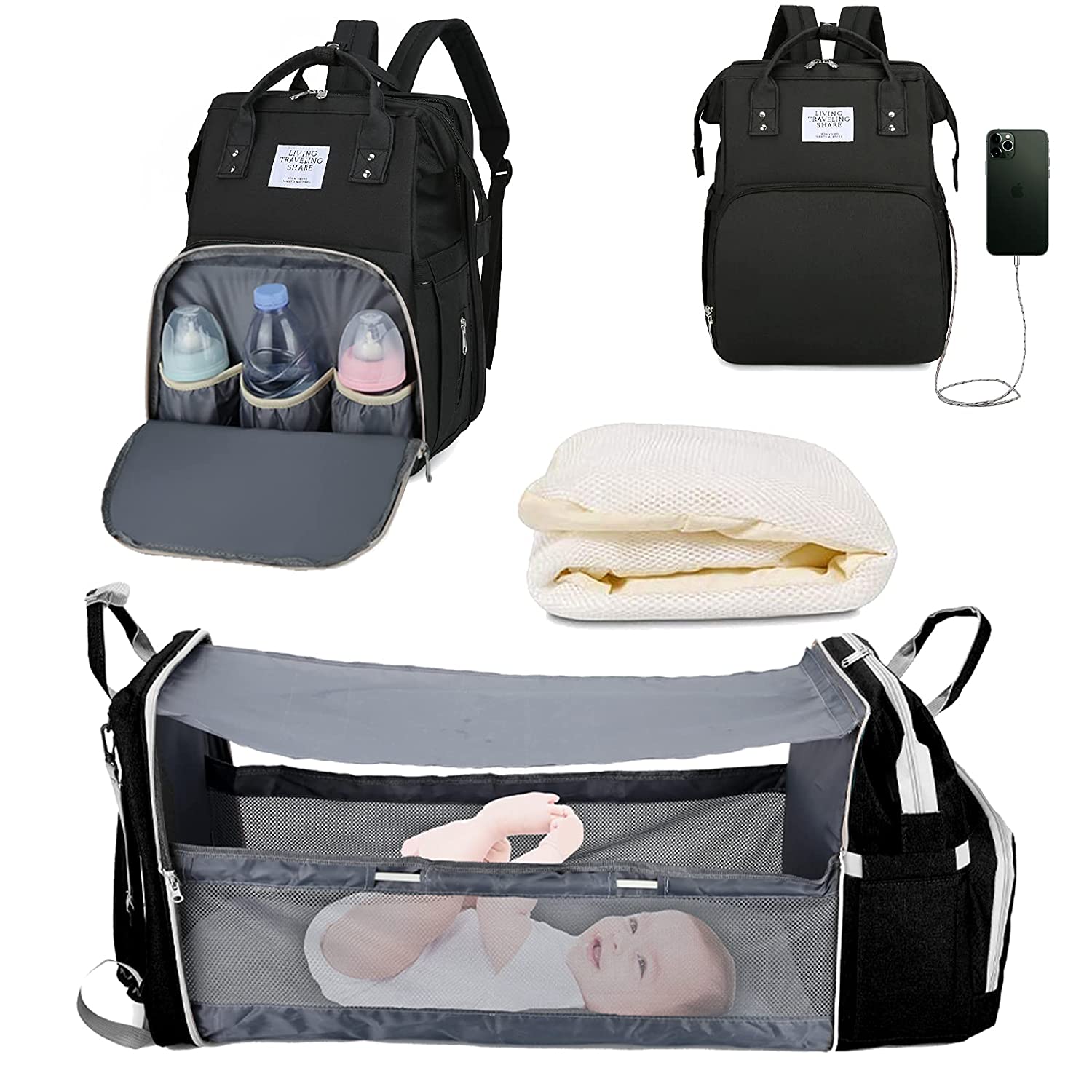 Folding Crib Diaper Bag - A versatile baby backpack with a built-in crib for easy naps on the go. This large-capacity diaper bag features multiple compartments to store diapers, bottles, wipes, and other essentials, making it a must-have for parents. Perfect for travel, outings, and quick access to all baby care needs. Shop now at Everything Amazing Shop for this product.