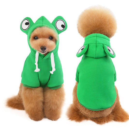 Frog Dog Sweater Fleece for small and medium dogs, made from soft polyester material, perfect for keeping pets warm and cozy in colder weather. Ideal for stylish pet owners who want comfort and quality in their dog's clothing. Available at Everything Amazing Shop for this product.