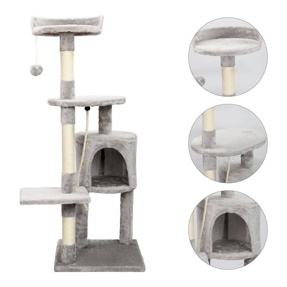 Large 4-story grey cat climbing frame with sisal scratching posts, cozy platforms, plush cat litter, and a dangling toy. Perfect for indoor cat play, rest, and claw care.