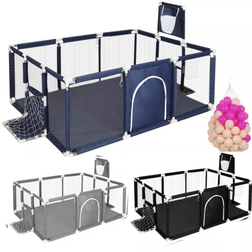 Children's playpen with various accessories on a white background
