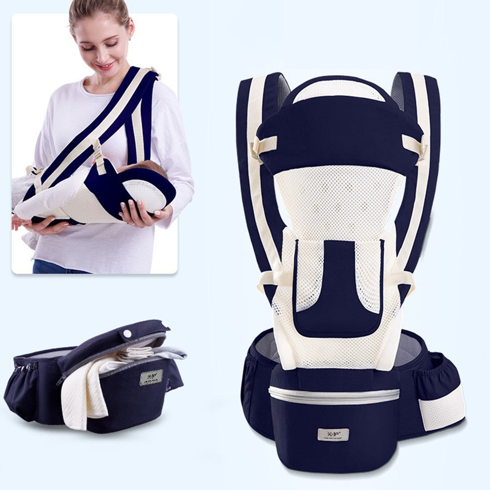 Multifunctional baby carrier with waist stool, ergonomic design providing comfort and support for babies aged 0-48 months. Adjustable straps ensure a perfect fit for parents, promoting safe and comfortable carryin