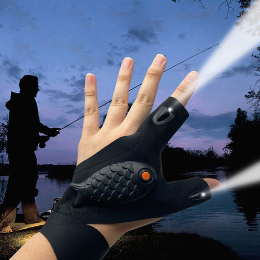 LED flashlight glow fishing gloves in black, featuring high-brightness dual LED lights, breathable cotton fabric, and adjustable wrist design. Perfect for outdoor activities like fishing, hiking, and cycling.