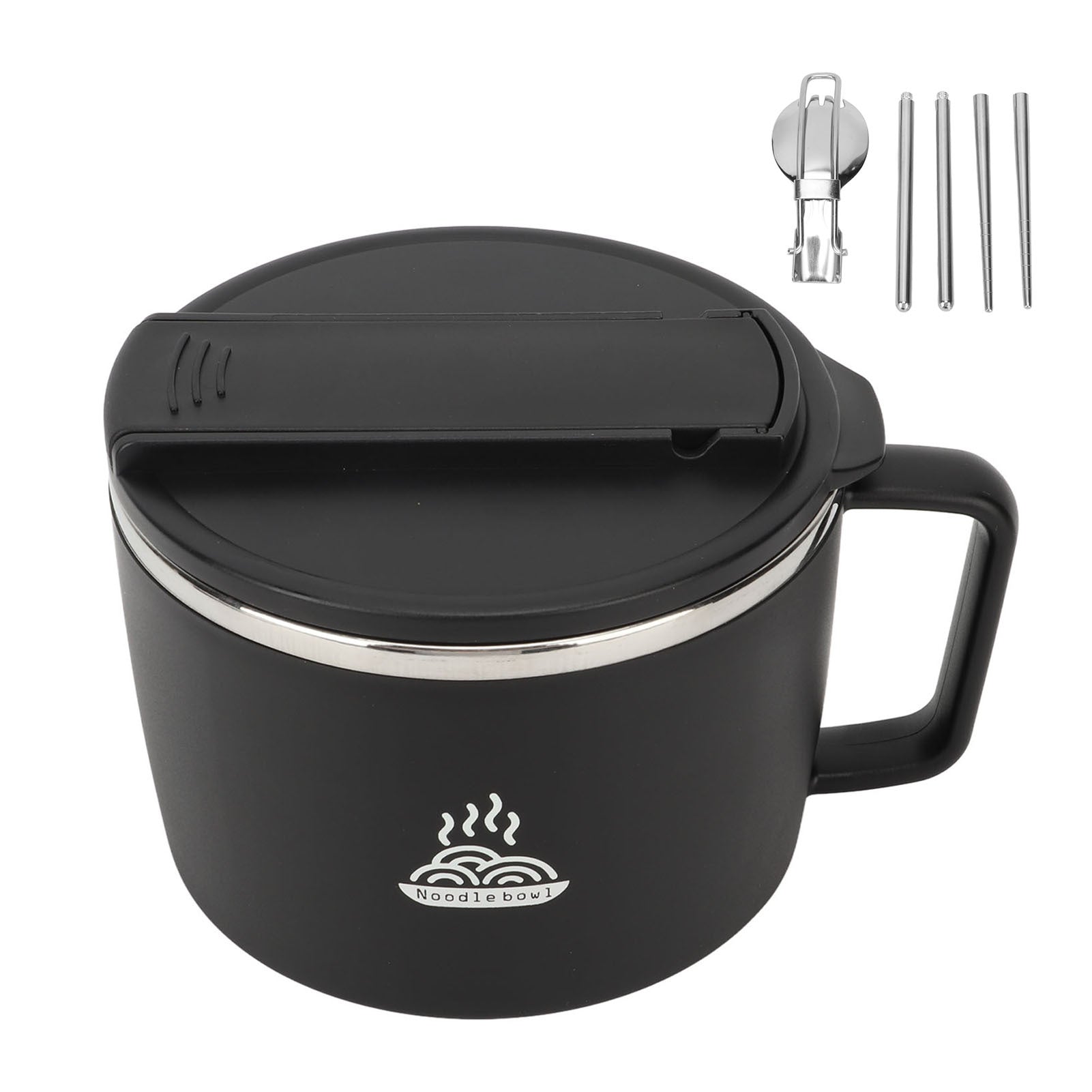 Noodle Bowl with Chopsticks & Spork – 1200ml Stainless Steel Ramen Cooker Bowl with Lid, Portable & Anti-Scalding, Perfect for Office & Home