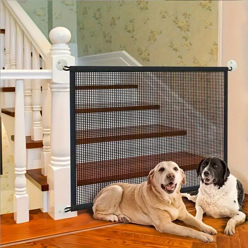 Portable pet isolation mesh safety gate in black, featuring durable nylon mesh and stretchable stainless steel poles. Perfect for doorways, stairwells, and walls to ensure pet safety without drilling.