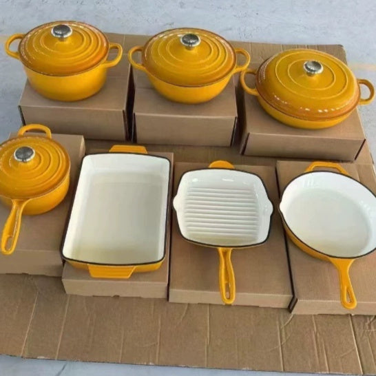 Premium Nordic cast iron enamel casserole pot set in multiple sizes, durable non-stick cookware
